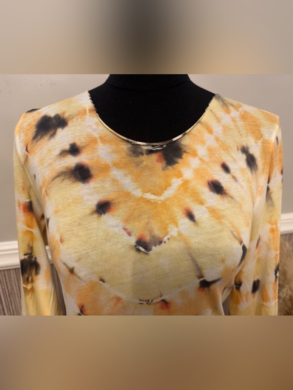 Raquel Allegra Size 2 Tie Dye Maxi Dress Yellow Black Long Sleeve Cotton - Picture 6 of 11